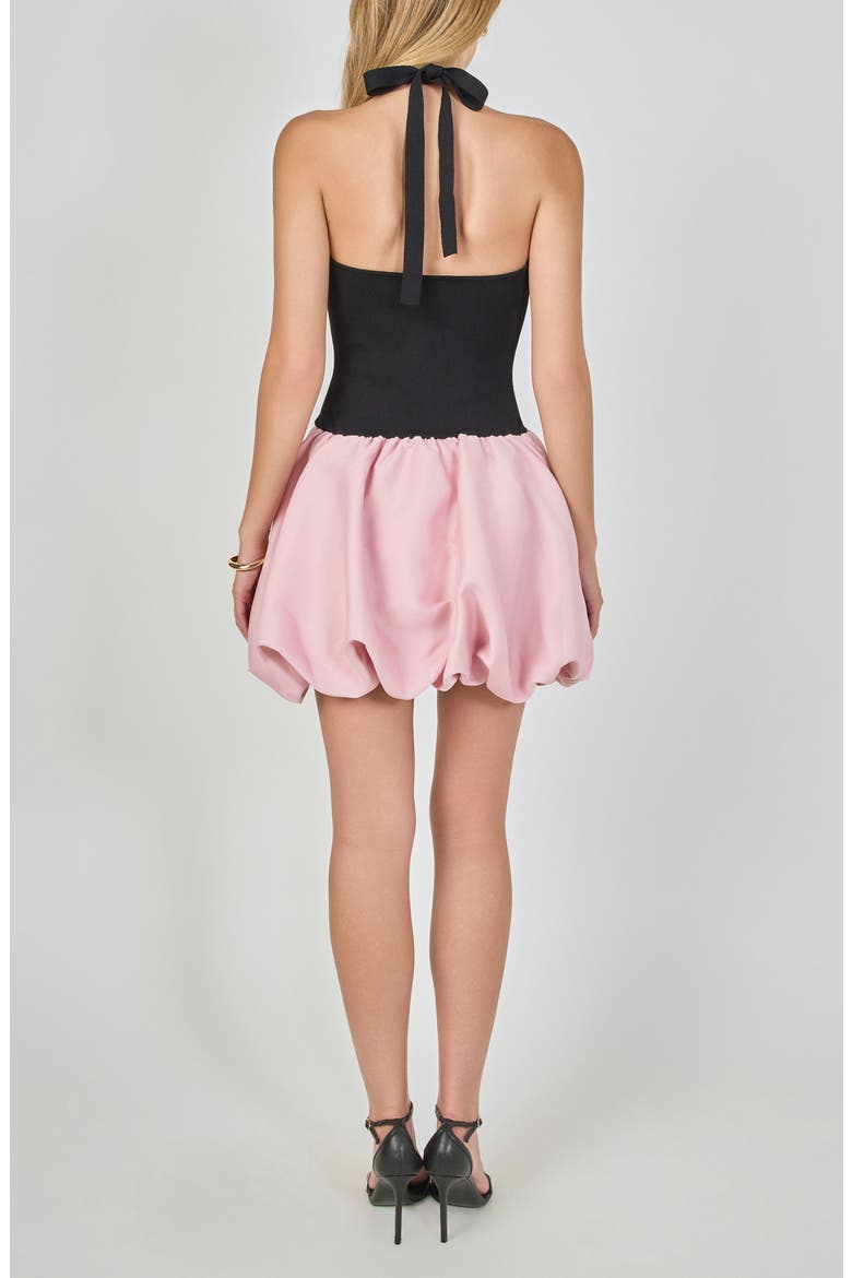 Mixed Media Halter Neck Bubble Minidress, Alternate, color, BLACK/ PINK