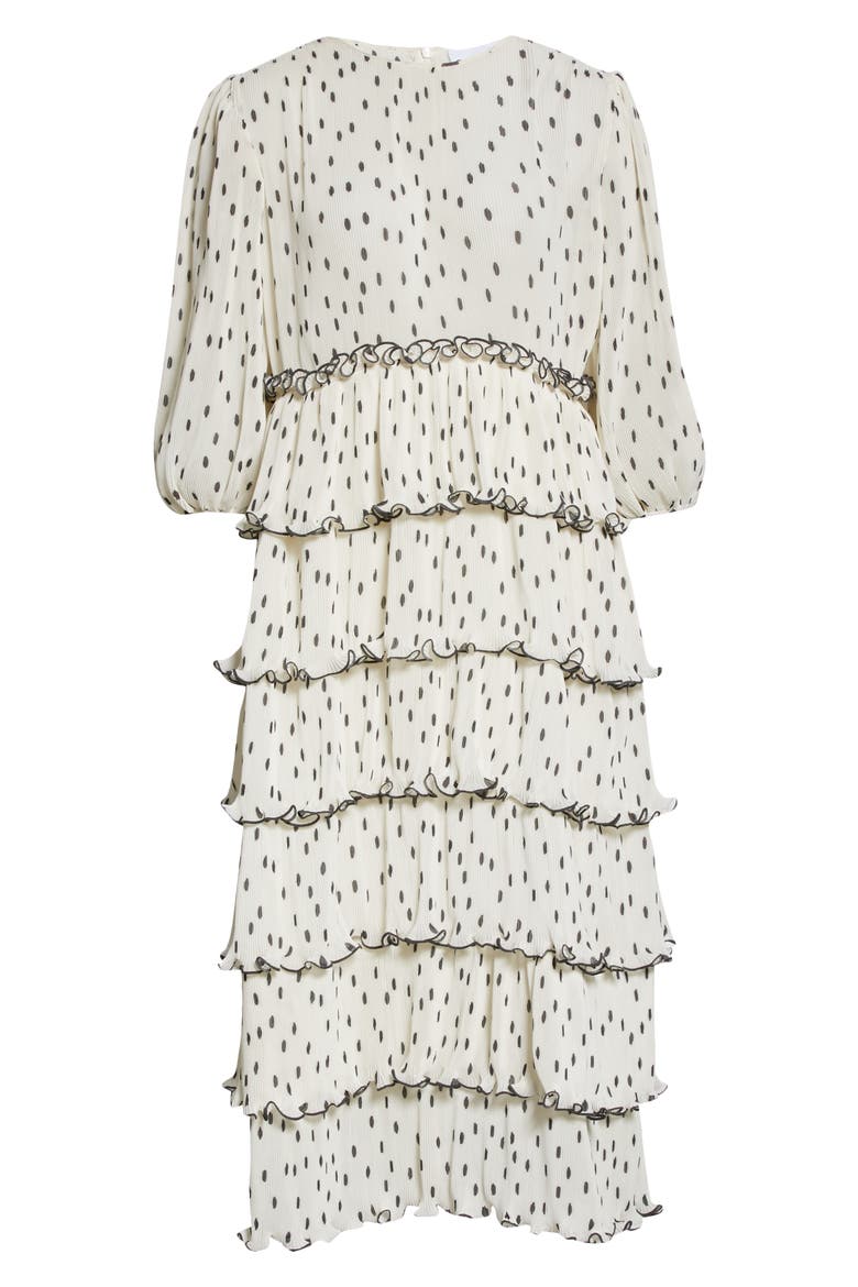 Polka Dot Tiered Long Sleeve Plissè Midi Dress, Alternate, color, EGRET