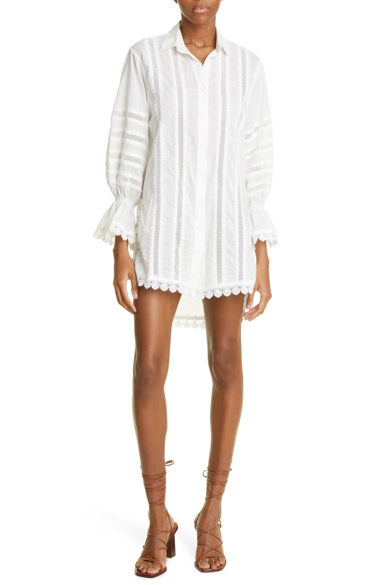Catalana Lace Inset High-Low Cotton Tunic Shirt, Main, color, WHITE