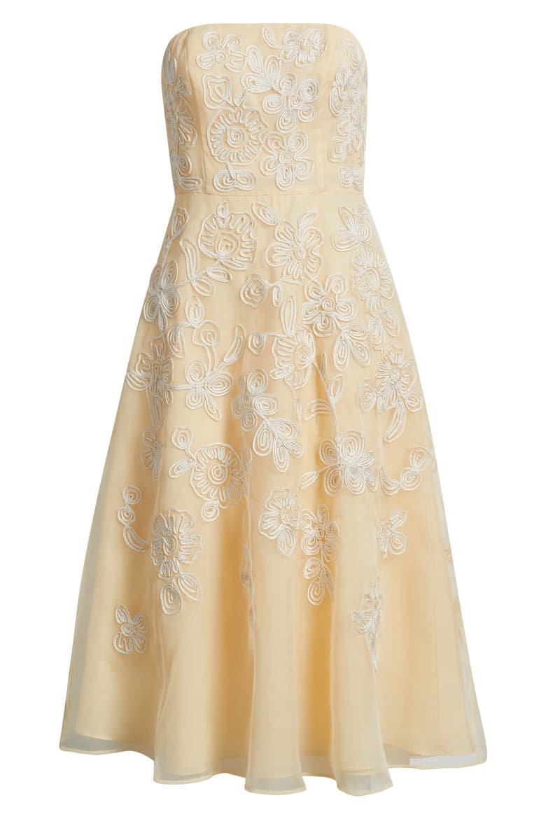 Soutache Embroidery Strapless Organza Cocktail Midi Dress, Alternate, color, MAIZE