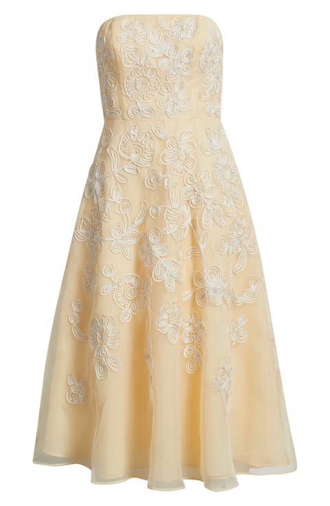Soutache Embroidery Strapless Organza Cocktail Midi Dress