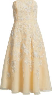 Adrianna Papell Soutache Embroidery Strapless Organza Cocktail Midi Dress