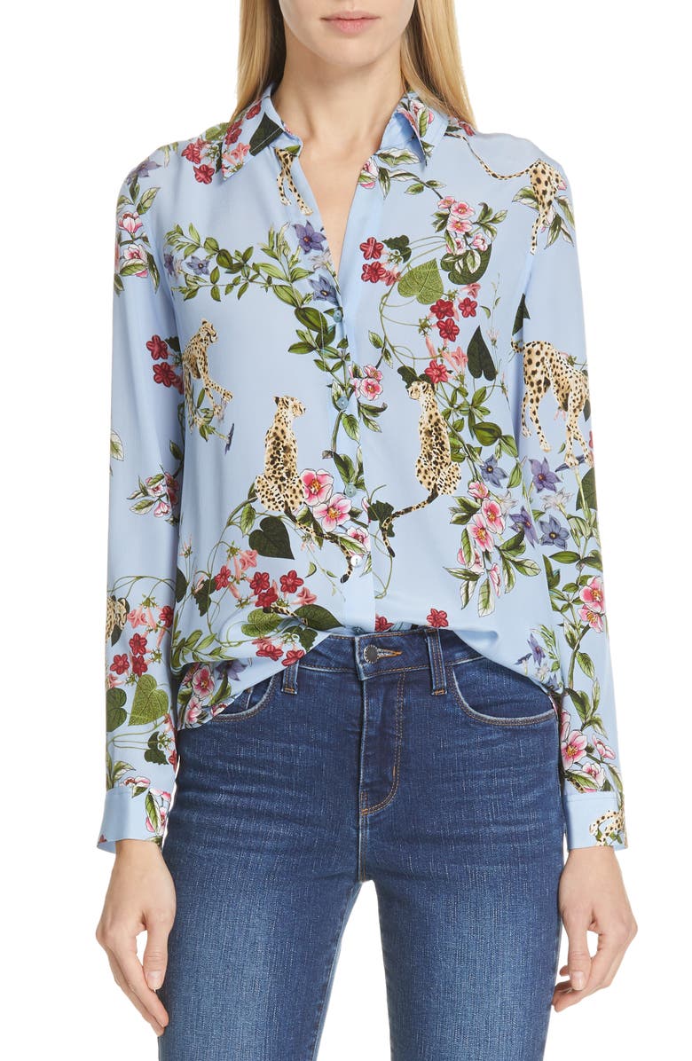 L'AGENCE Nina Cheetah & Floral Print Silk Blouse, Main, color, 