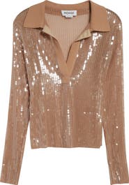MONSE Long Sleeve Sequin Mesh Polo