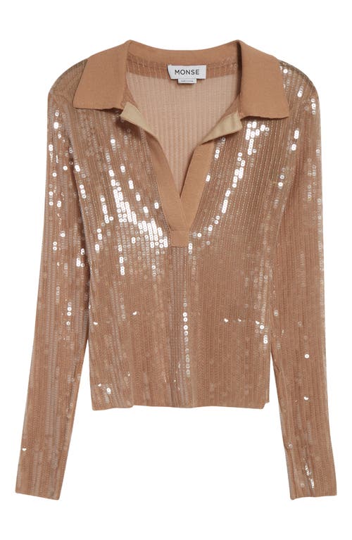 Monse Long Sleeve Sequin Mesh Polo In Beige