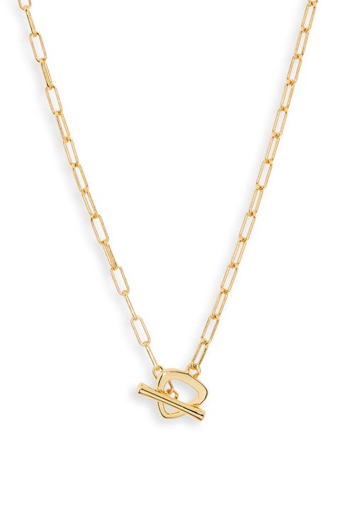 Paper Clip Chain Necklace with Toggle Bar Pendant Cubic Zirconia Rhodium on Sterling Silver