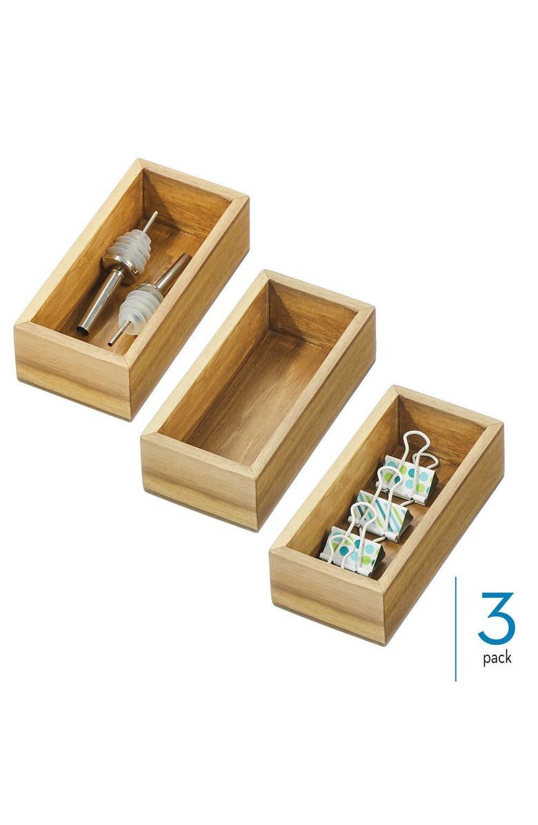 iDesign Acacia Wood Small Kitchen Drawer Organizer - Set of 3 - Natural, Alternate, color,