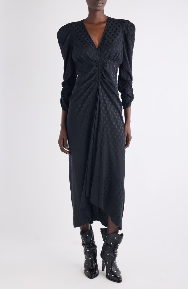 Isabel Marant Albini Polka Dot Jacquard Stretch Silk Midi Dress, Main, color, Black