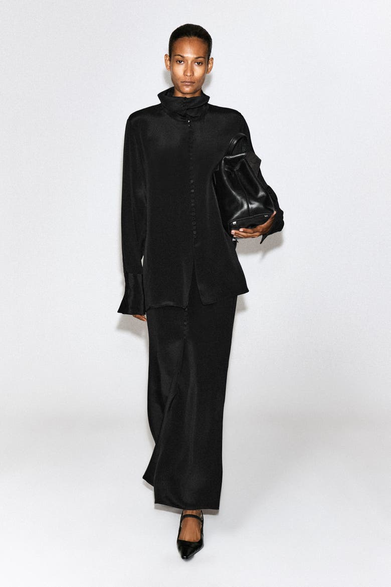 Button-detail Silk-crepe Shirt, Alternate, color, BLACK