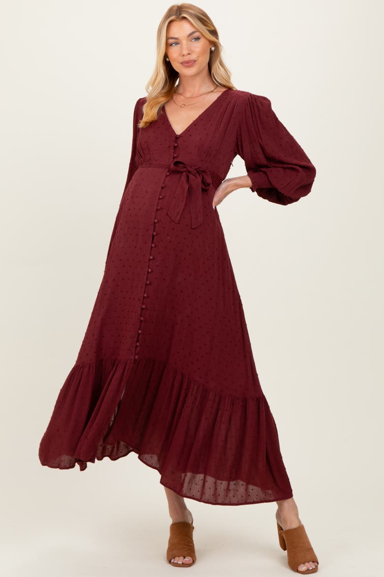 Swiss Dot Button Down Maxi Dress, Alternate, color, Burgundy