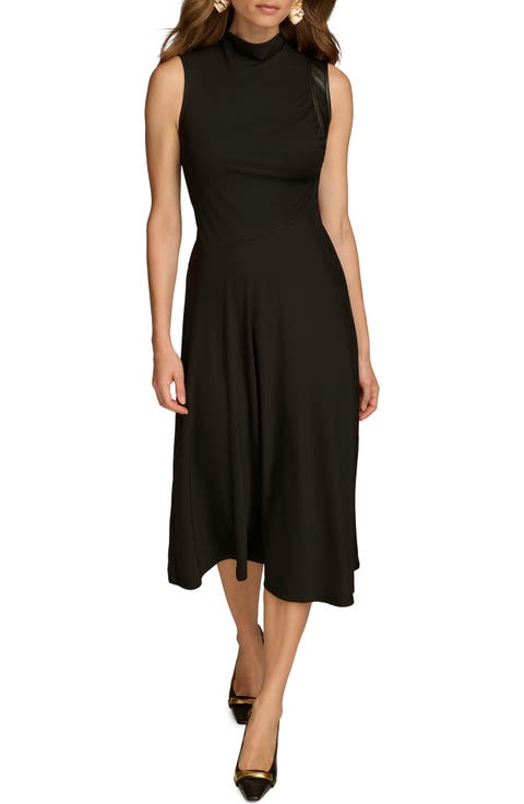 Faux Leather Trim Midi Dress