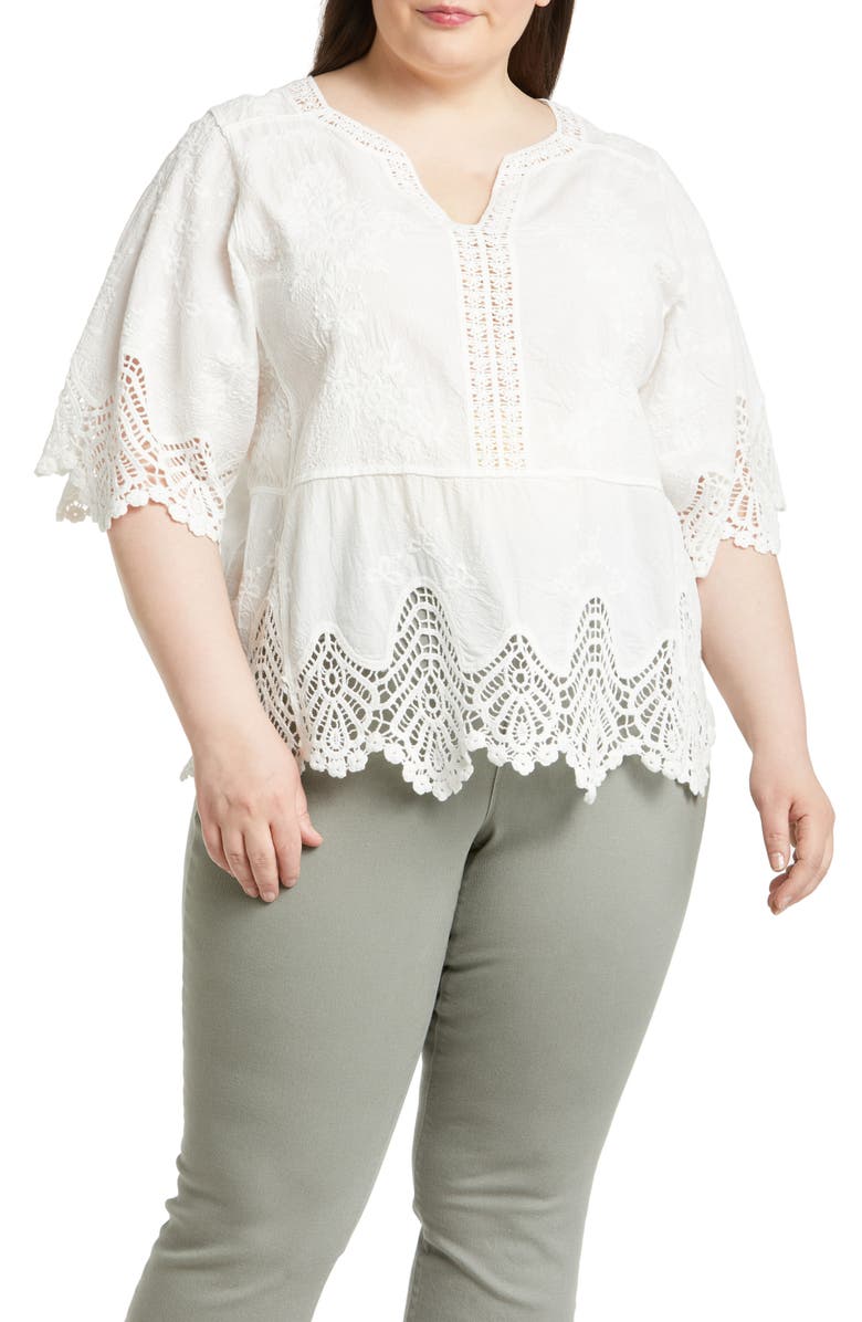 Wit & Wisdom Scallop Lace Trim Cotton Top, Main, color, 