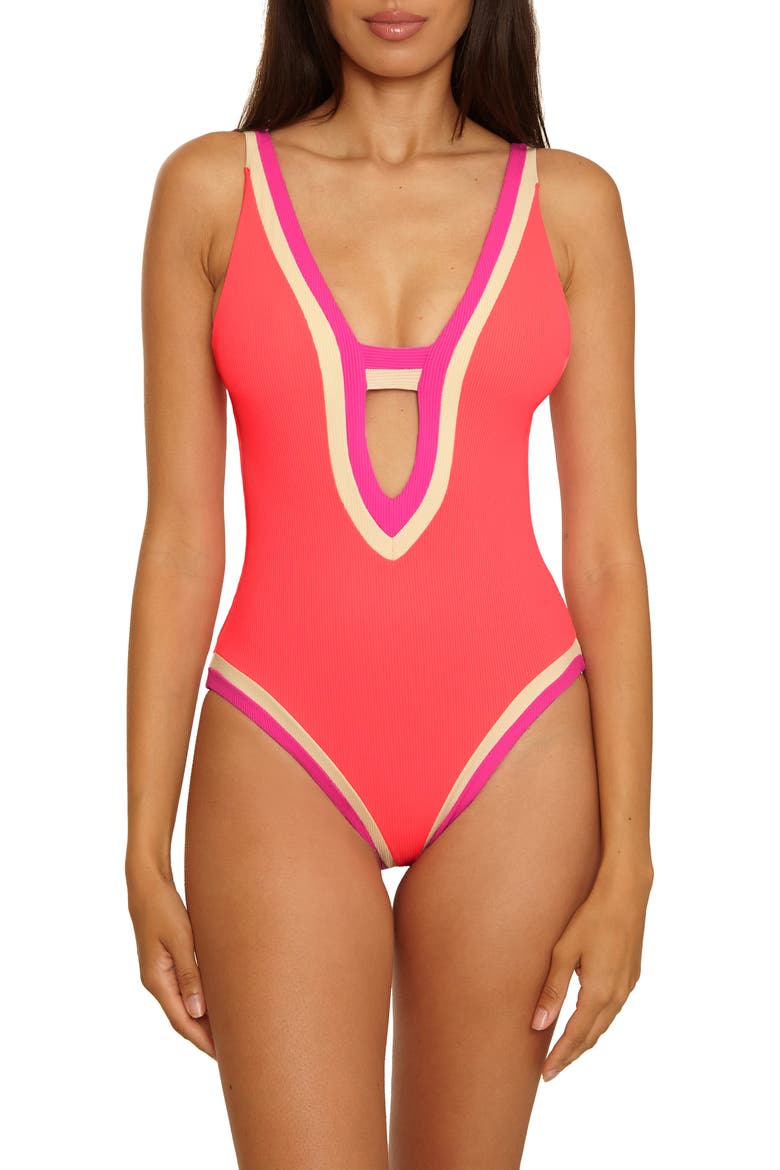 Coast Line Plunge One-Piece Swimsuit, Main, color, CALIENTE