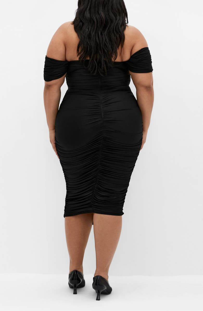 City Chic Jazmin Off the Shoulder Ruched Mesh Dress, Alternate, color, Black