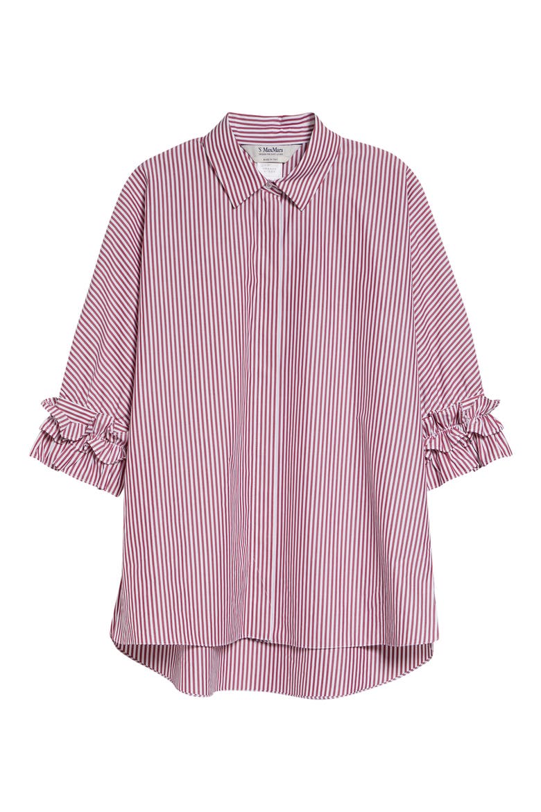 Nebbie Stripe Ruffle Elbow Sleeve Button-Up Shirt, Alternate, color, BORDEAUX
