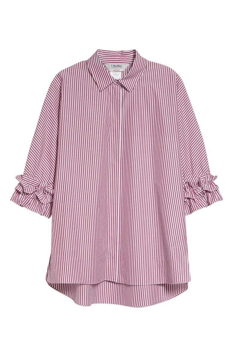 Max Mara Nebbie Stripe Ruffle Elbow Sleeve Button-Up Shirt, Alternate, color, Bordeaux