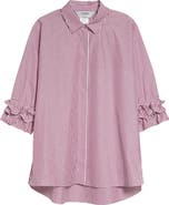 Max Mara Nebbie Stripe Ruffle Elbow Sleeve Button-Up Shirt