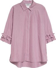 Max Mara Nebbie Stripe Ruffle Elbow Sleeve Button-Up Shirt