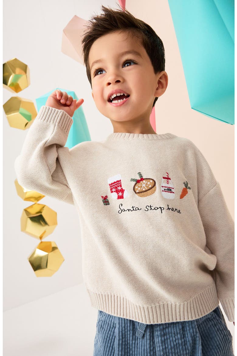 Kids' Santa Stop Here Embroidered Cotton Sweater, Alternate, color, CREAM