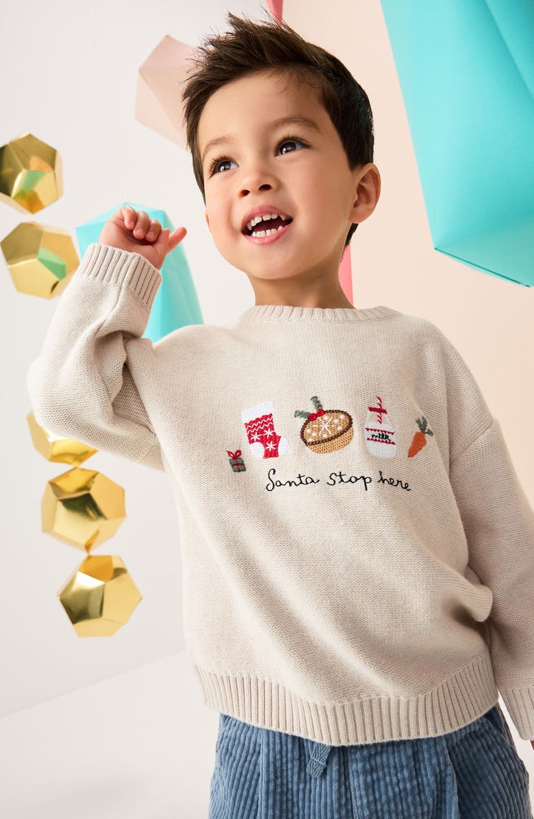 NEXT Kids' Santa Stop Here Embroidered Cotton Sweater, Alternate, color, Cream