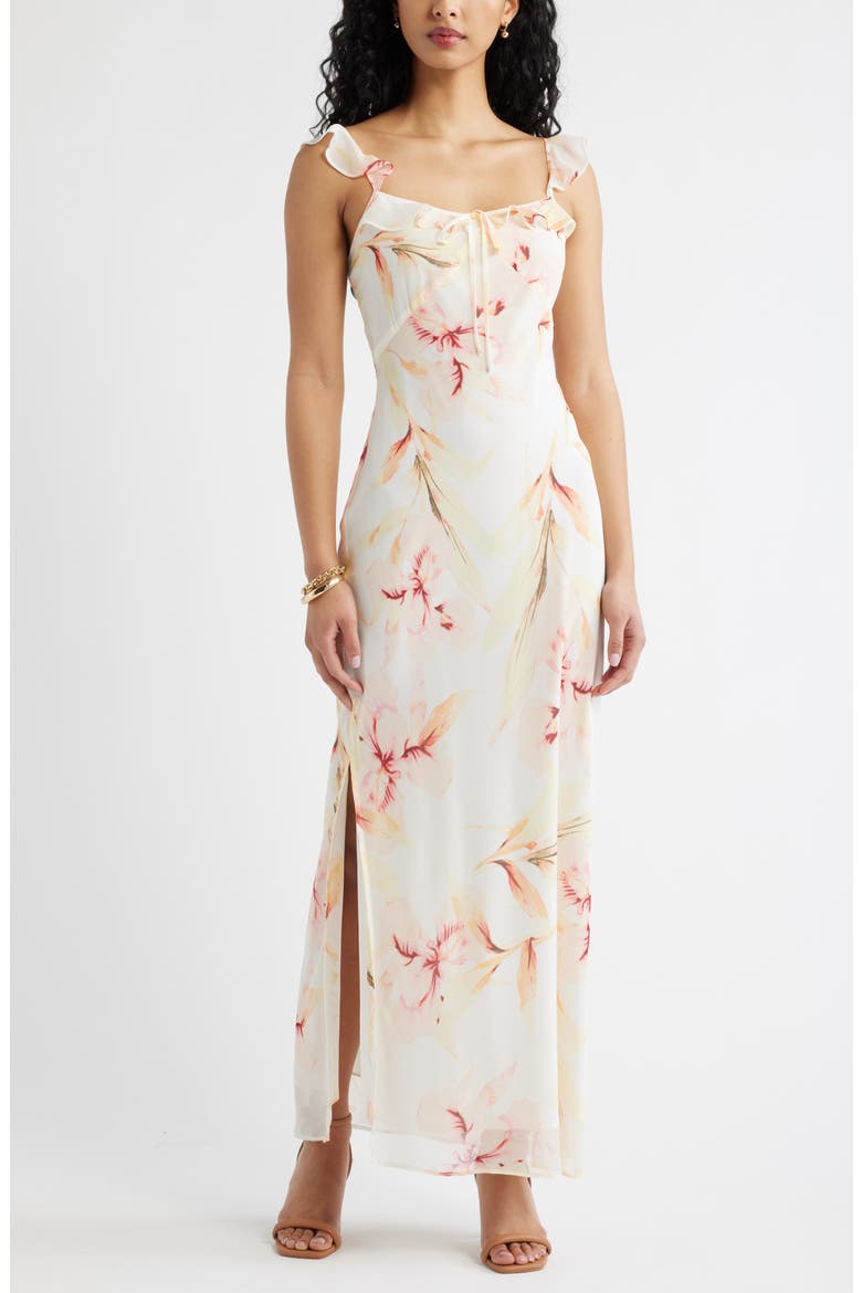 Ruffle Chiffon Maxi Dress, Main, color, IVORY- PINK FLOATING IRIS