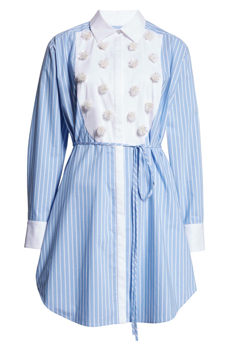 Cinq à Sept Debbie Metallic Floral Appliqué Long Sleeve Cotton Blend Shirtdress, Alternate, color, French Blue/ White