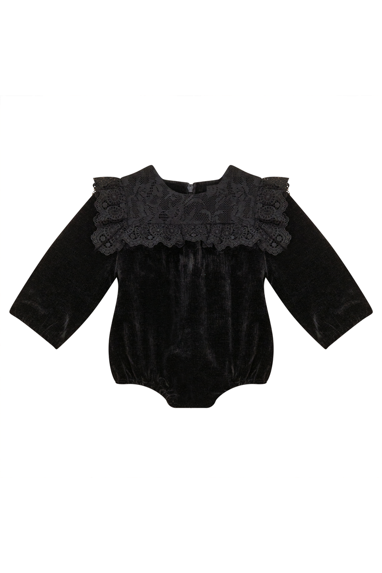 Lace Trim Velvet Bubble Romper, Main, color, Black