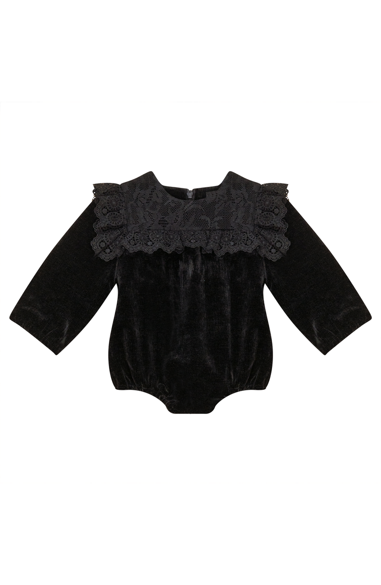 Space Grey Lace Trim Velvet Bubble Romper, Main, color, Black