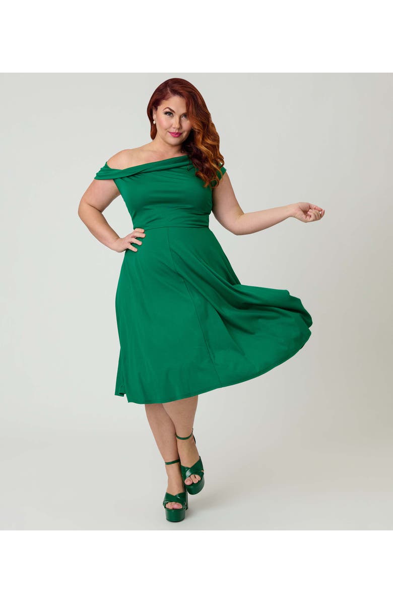 Unique Vintage Plus Size Asymmetrical Neck Swing Dress, Main, color, Green Solid