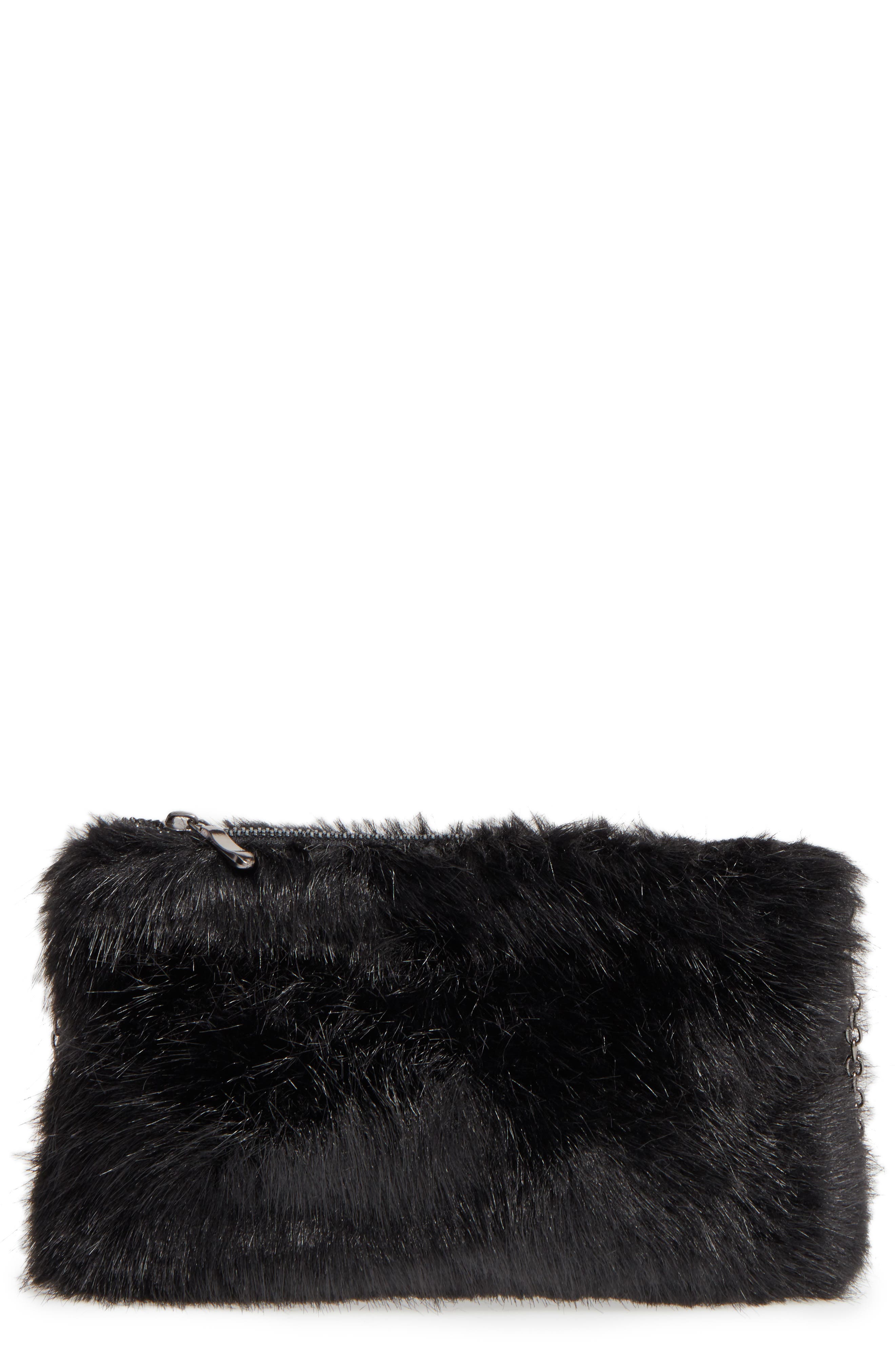 Faux Fur Clutch, Main, color, BLACK