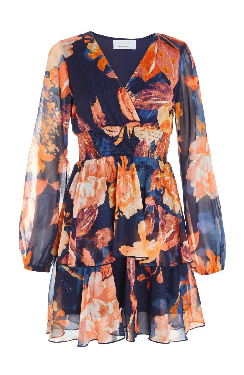 QUIZ Chiffon Floral Lurex Long Sleeve Skater Dress, Alternate, color,