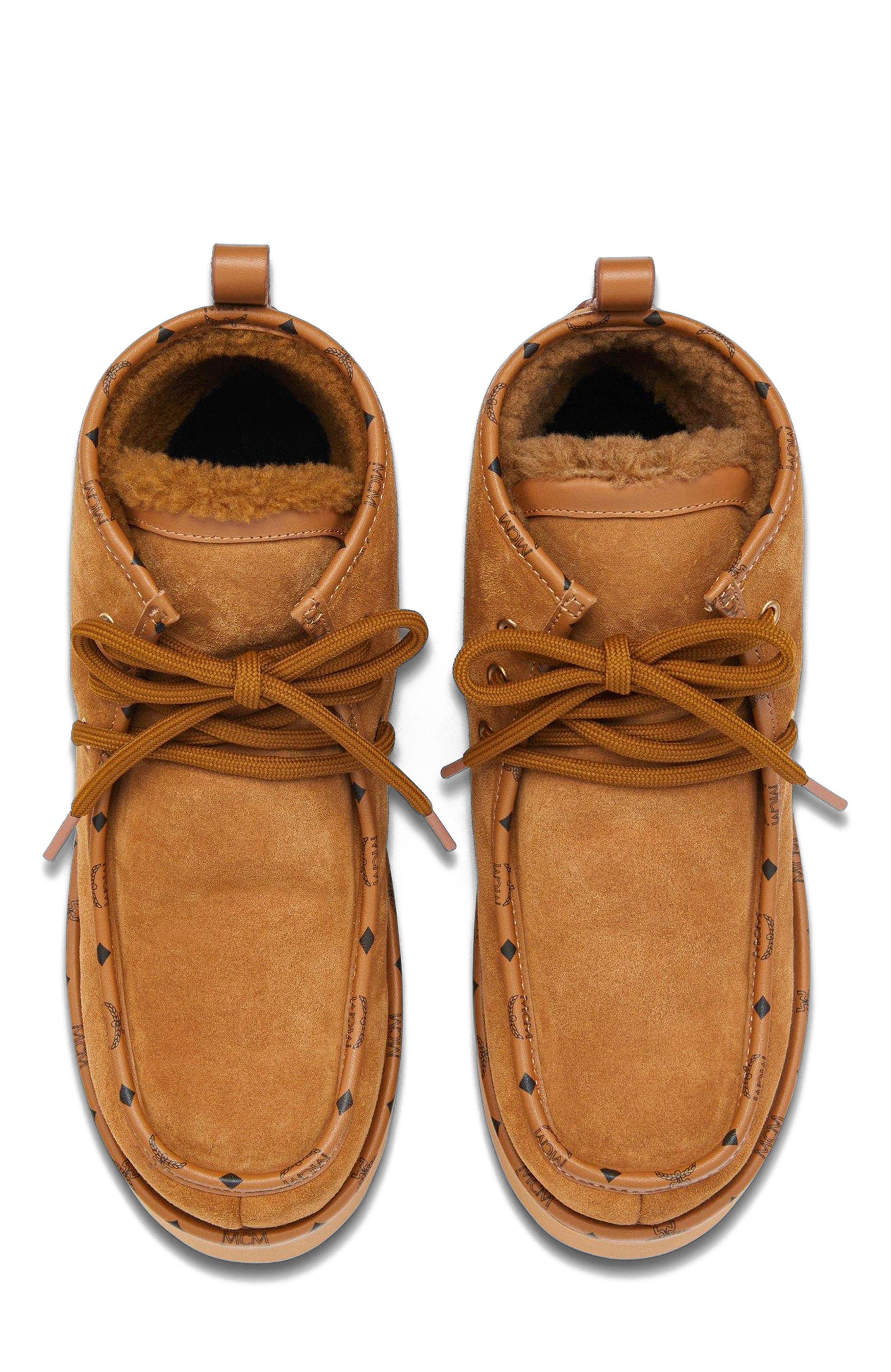 MCM Women's Platform Boots in Calfskin Suede Leather, Alternate, color, Cognac