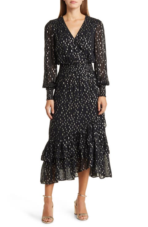 Cristiana Dot Fil Coupé Long Sleeve Midi Dress