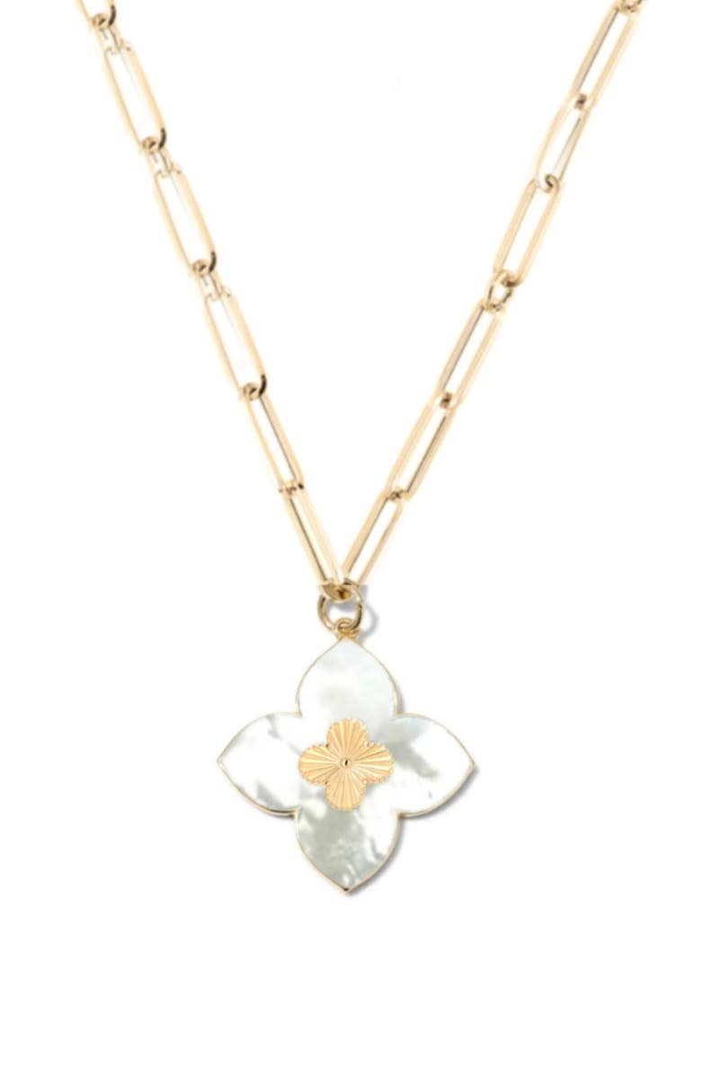 GABI RIELLE Rise Above the Crowd Collection 14K Yellow Gold Plated Sterling Silver Mother of Pearl Inlay Clover Pendant Necklace, Alternate, color, 