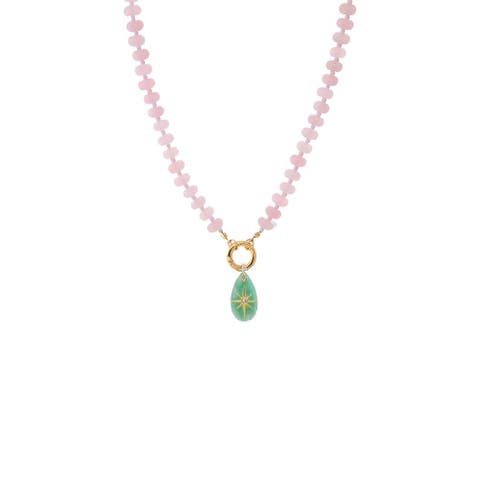 CZ Starburst Teardrop Natural Stone Pendant Beaded Clicker Necklace