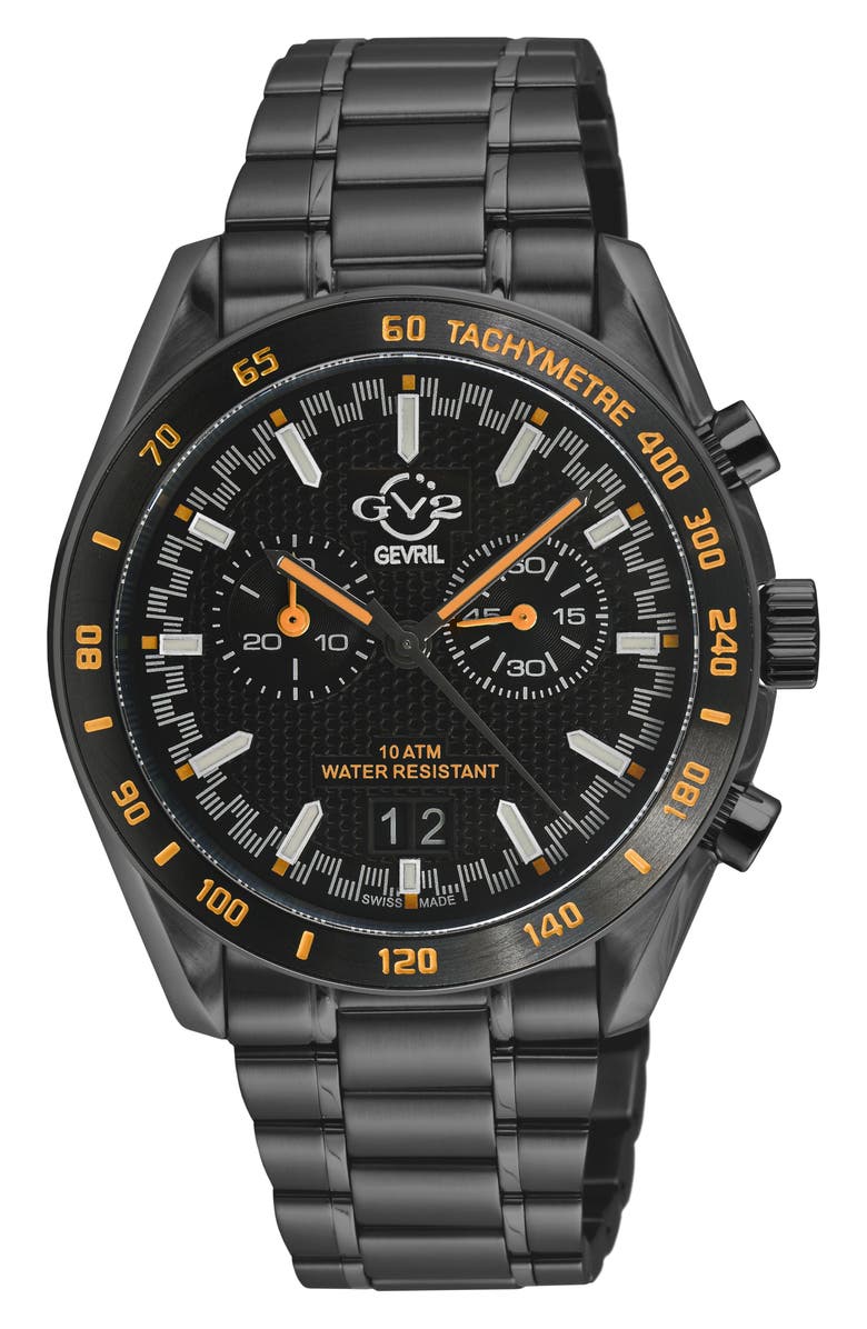 GV2 Freccia Stainless Steel Swiss Quartz Bracelet Watch, 42mm, Main, color, Black