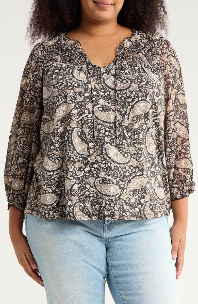 Lucky Brand Split Neck Smocked Long Sleeve Top, Main, color, Black Multi Combo