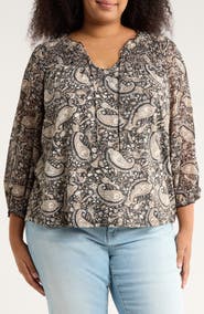 Lucky Brand Split Neck Smocked Long Sleeve Top