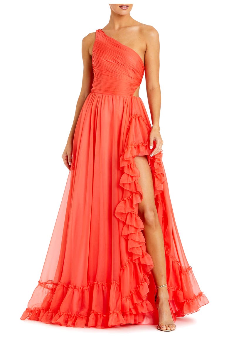 Mac Duggal One Shoulder Asymmetrical Ruffle Chiffon Gown, Main, color, Tangerine