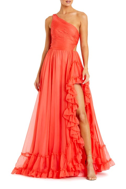 One Shoulder Asymmetrical Ruffle Chiffon Gown