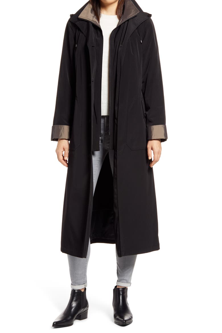 Full Length Two-Tone Silk Look Raincoat, Main, color, BLACK