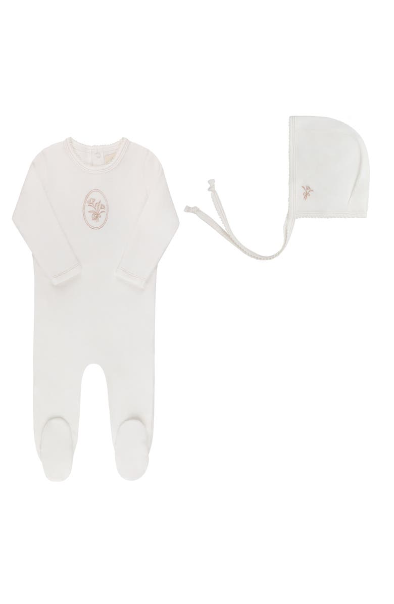 Ely's & Co. Velour Center Floral Collection - Footie + Bonnet, Main, color, Ivory Rosegold