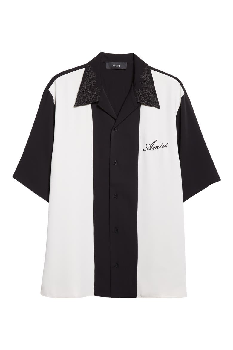 Colorblock Floral Embroidered Camp Shirt, Alternate, color, BLACK