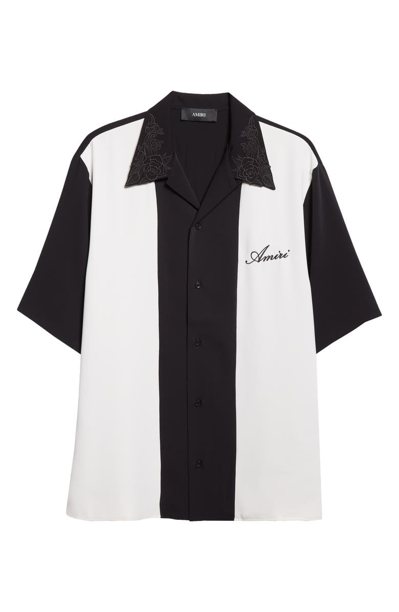 AMIRI Colorblock Floral Embroidered Camp Shirt, Alternate, color, Black