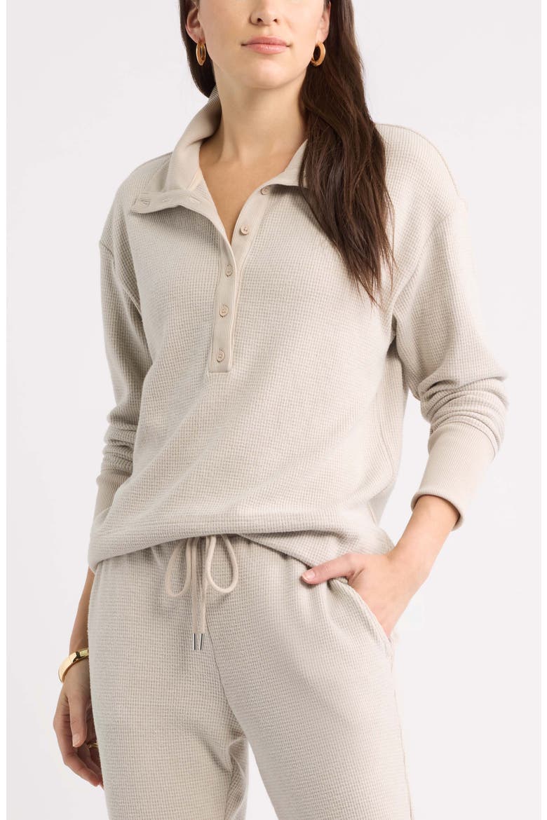Waffle Button Front Sweatshirt, Main, color, TAN DOESKIN HEATHER