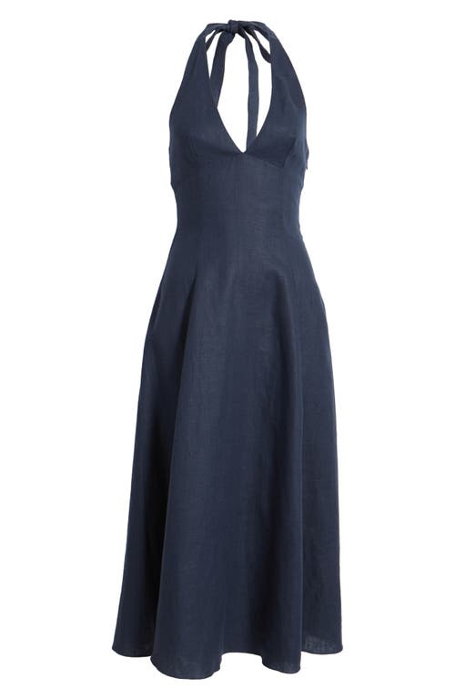 Faithfull The Brand Marais Halter Neck Linen Midi Dress In Navy