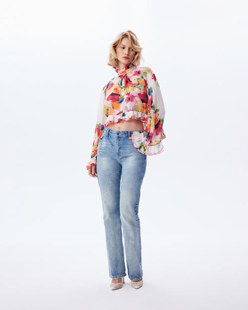 Theo The Label Theia Orchid Print Ruffle Blouse In Mandarine Flower