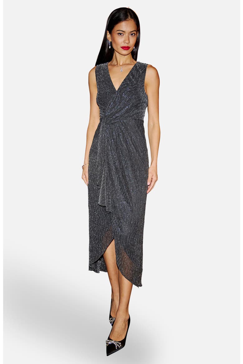 Metallic Pleated Frill Wrap Midi Dress, Main, color, Black