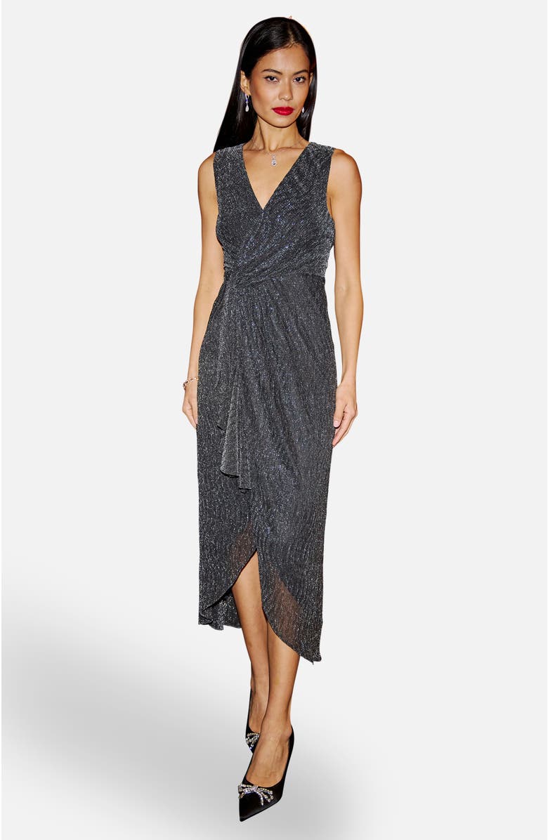 Yumi Metallic Pleated Frill Wrap Midi Dress, Main, color, Black