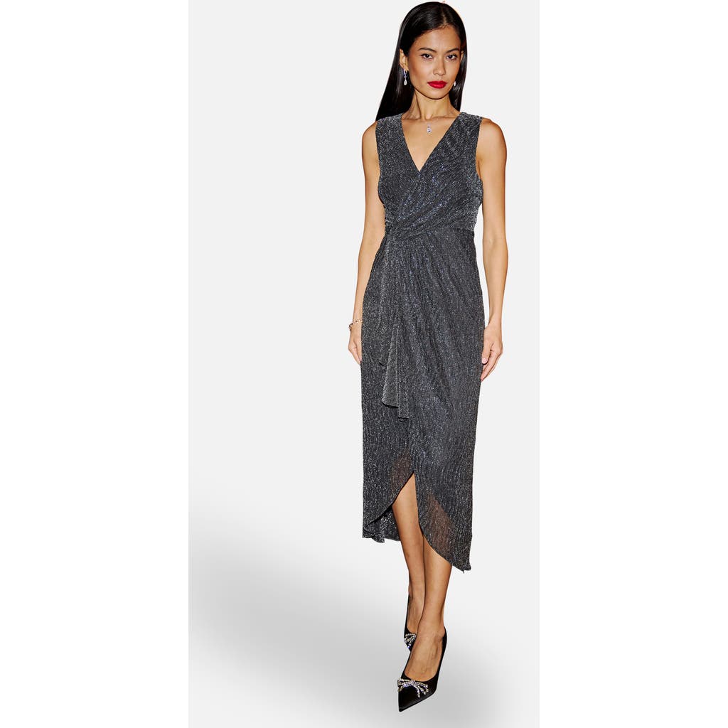 Yumi Metallic Pleated Frill Wrap Midi Dress In Black